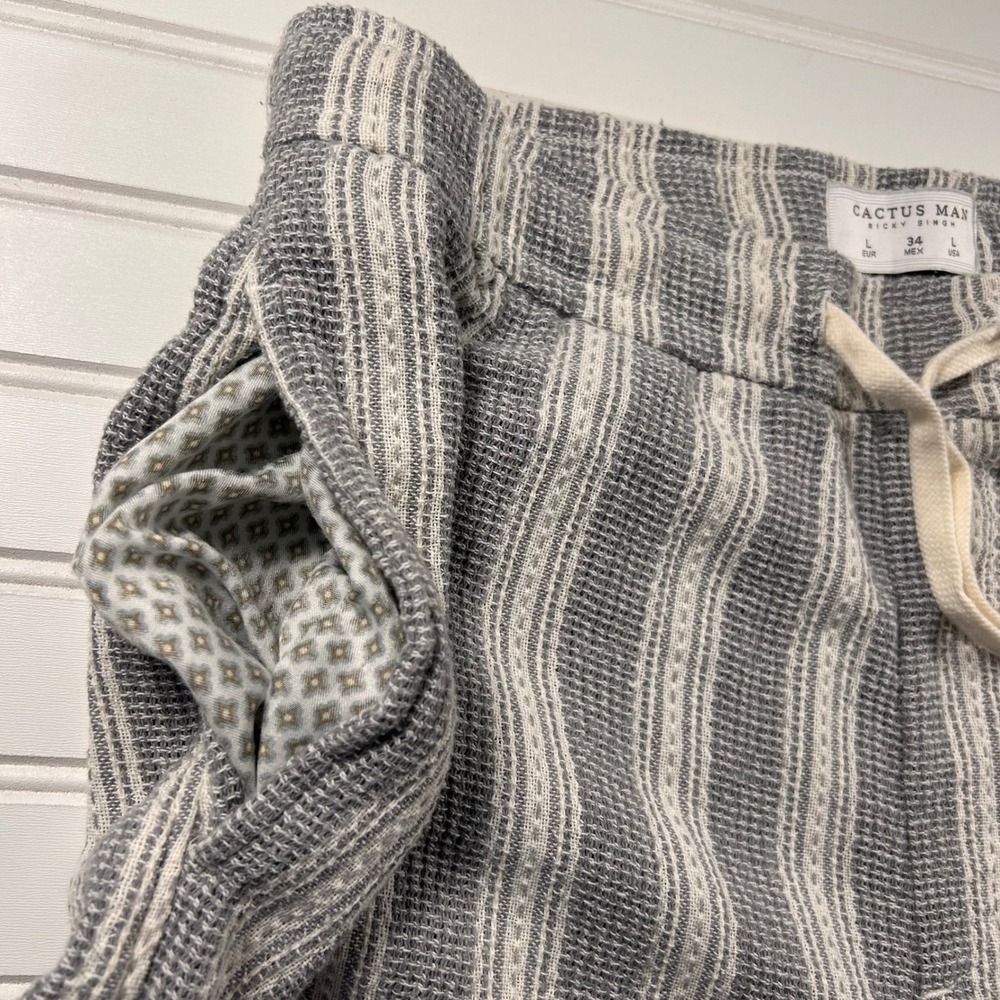 Cactus Man Ricky Singh Textured Drawstring Shorts Mens L Gray Cream Striped - Picture 3 of 11